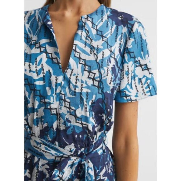 New REISS Size US 0 Split-Neck Printed Dress Blue Multi - Picture 2 of 14